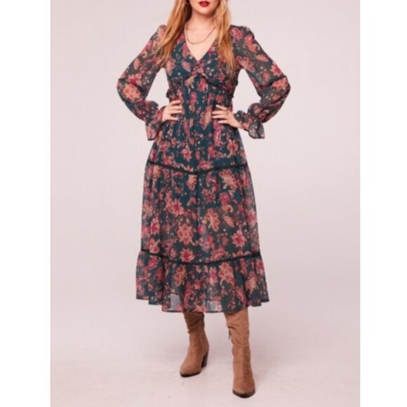 Band Of The Free Size Large Pine Floral V Neck Empire Waist Midi Dress NWT Boho - Picture 1 of 11